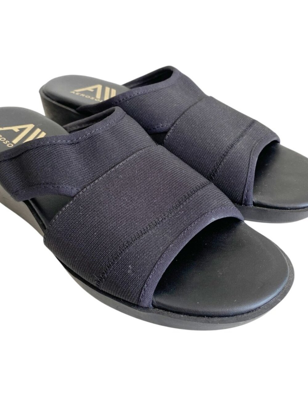 AEROSOLES Ilona Womens 6 M Black Elastic Strappy Wedge Comfort Slip On Sandals